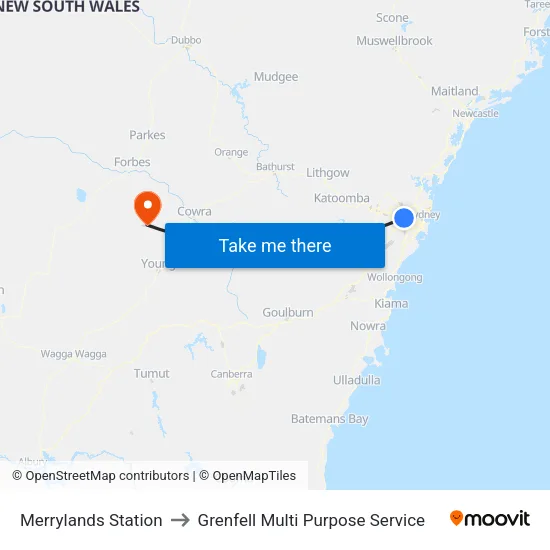 Merrylands Station to Grenfell Multi Purpose Service map