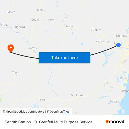 Penrith Station to Grenfell Multi Purpose Service map