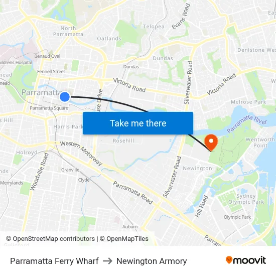 Parramatta Ferry Wharf to Newington Armory map