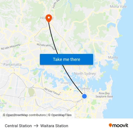 Central Station to Waitara Station map