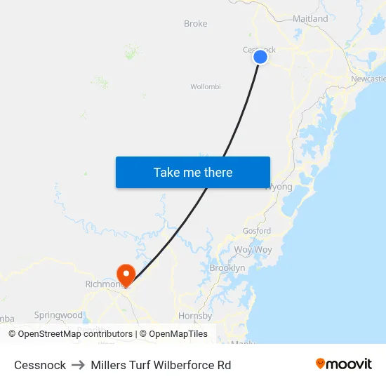 Cessnock to Millers Turf Wilberforce Rd map