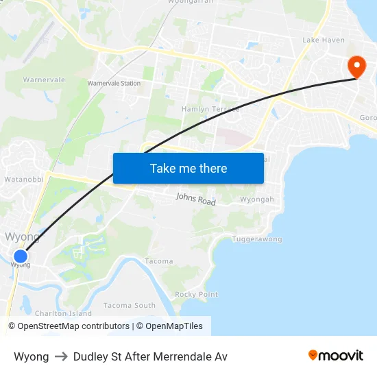 Wyong to Dudley St After Merrendale Av map