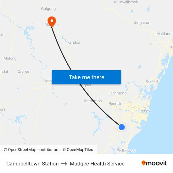 Campbelltown Station to Mudgee Health Service map