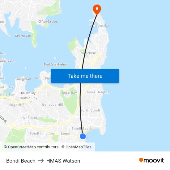 Bondi Beach to HMAS Watson map