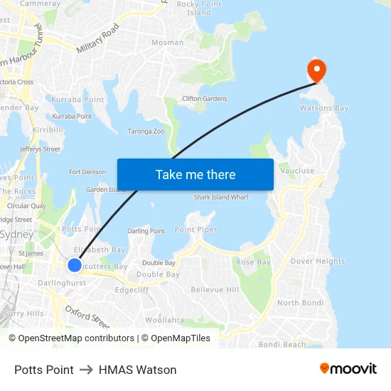 Potts Point to HMAS Watson map