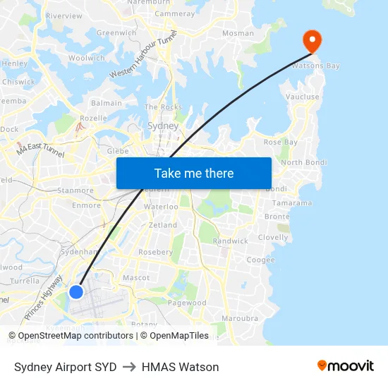 Sydney Airport SYD to HMAS Watson map