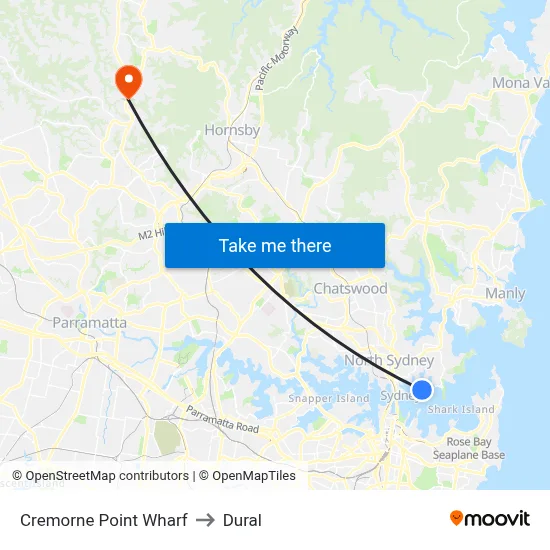 Cremorne Point Wharf to Dural map