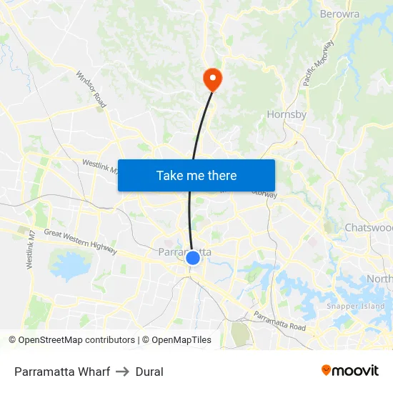 Parramatta Wharf to Dural map