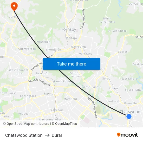 Chatswood Station to Dural map