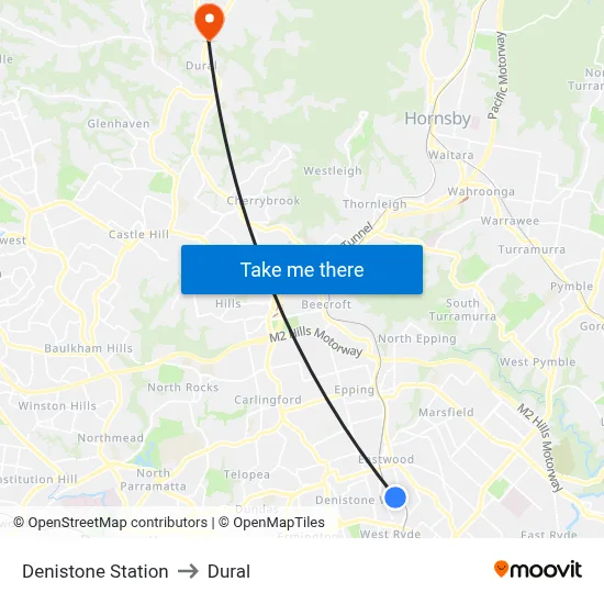 Denistone Station to Dural map
