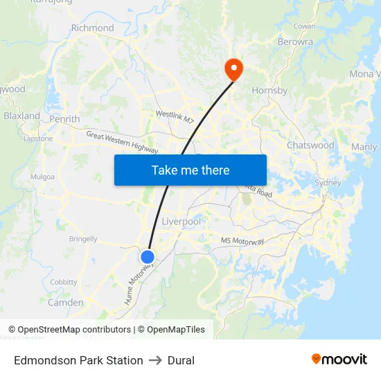 Edmondson Park Station to Dural map