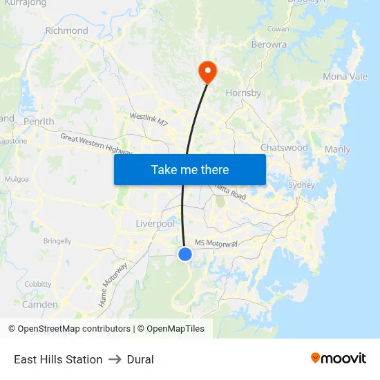 East Hills Station to Dural map