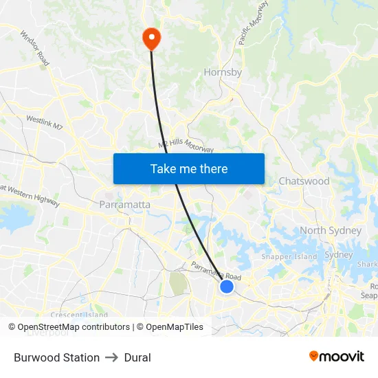 Burwood Station to Dural map