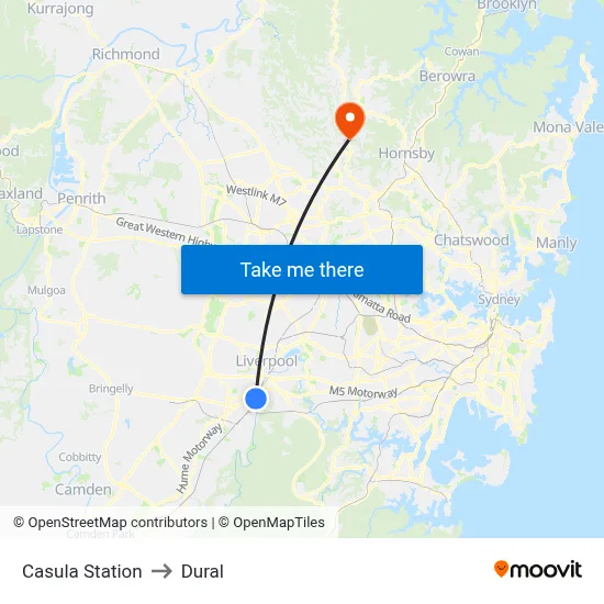 Casula Station to Dural map