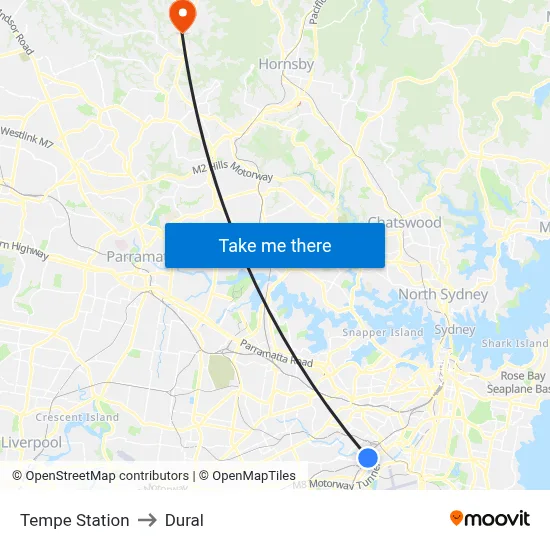 Tempe Station to Dural map