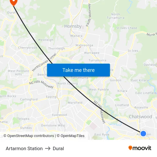 Artarmon Station to Dural map