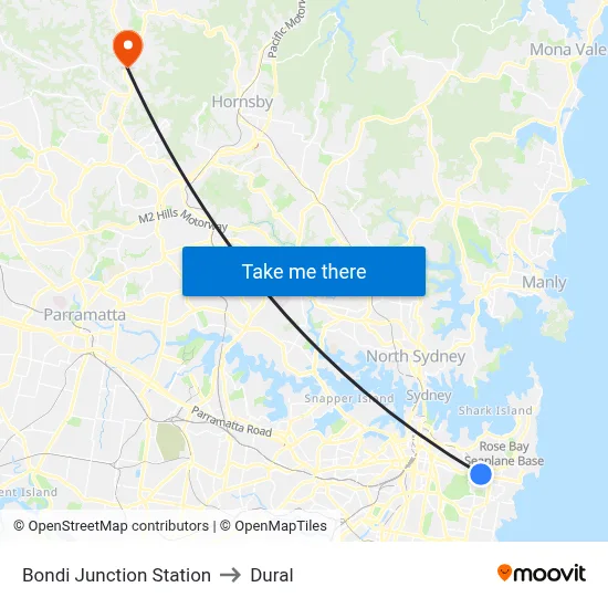 Bondi Junction Station to Dural map