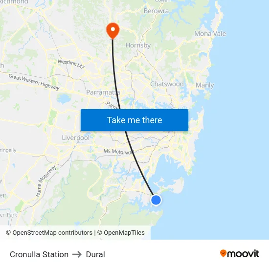 Cronulla Station to Dural map