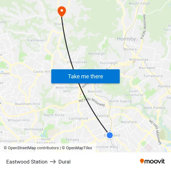 Eastwood Station to Dural map