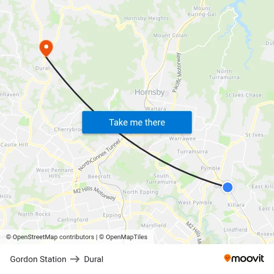 Gordon Station to Dural map