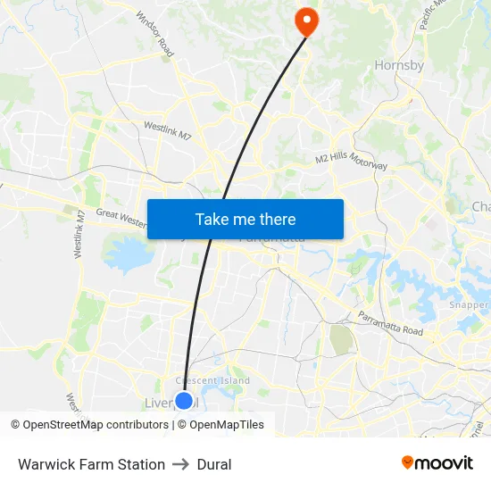 Warwick Farm Station to Dural map