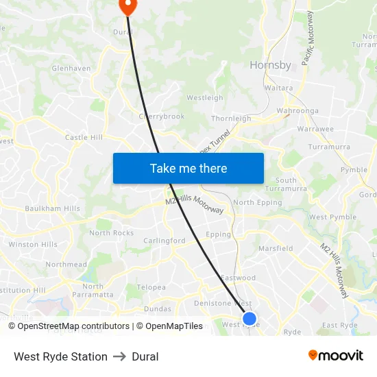 West Ryde Station to Dural map