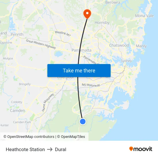 Heathcote Station to Dural map