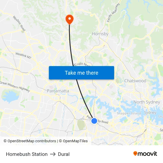 Homebush Station to Dural map