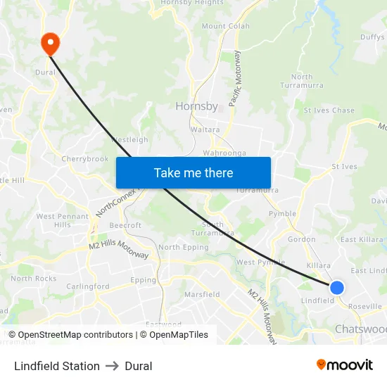 Lindfield Station to Dural map