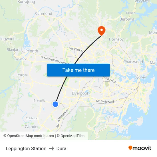 Leppington Station to Dural map