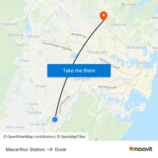Macarthur Station to Dural map