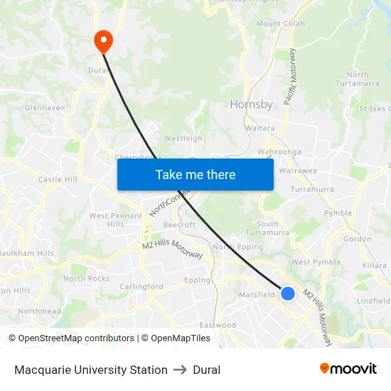 Macquarie University Station to Dural map