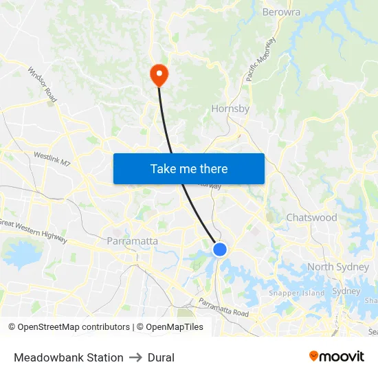Meadowbank Station to Dural map