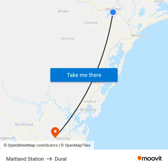 Maitland Station to Dural map
