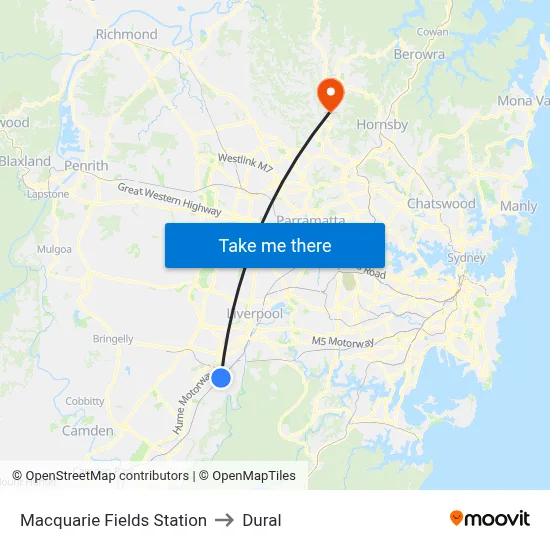 Macquarie Fields Station to Dural map