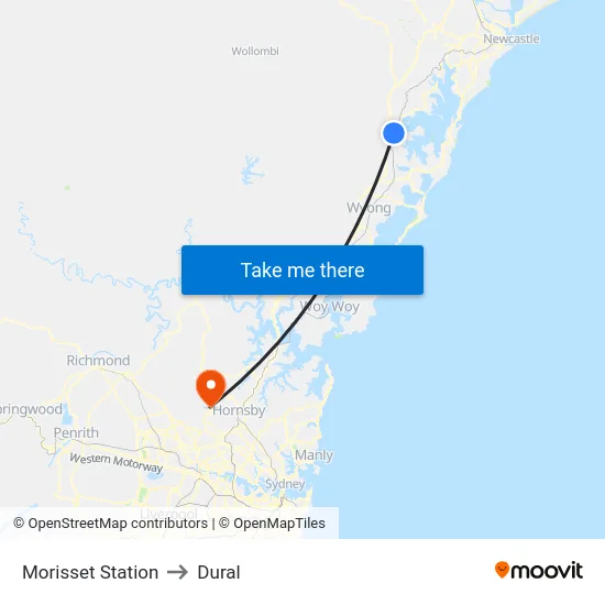 Morisset Station to Dural map