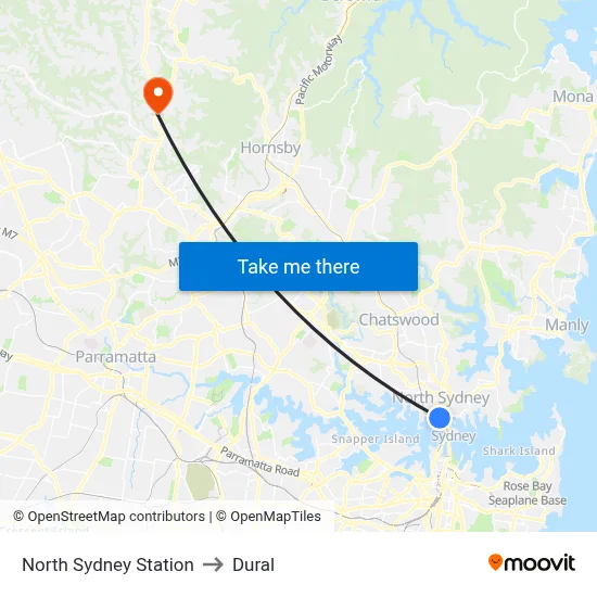 North Sydney Station to Dural map