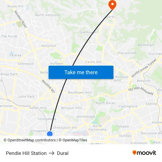 Pendle Hill Station to Dural map