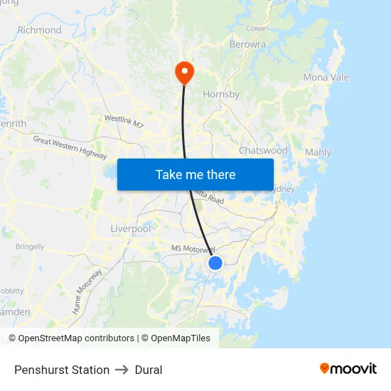 Penshurst Station to Dural map
