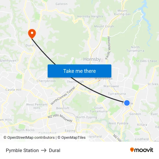 Pymble Station to Dural map