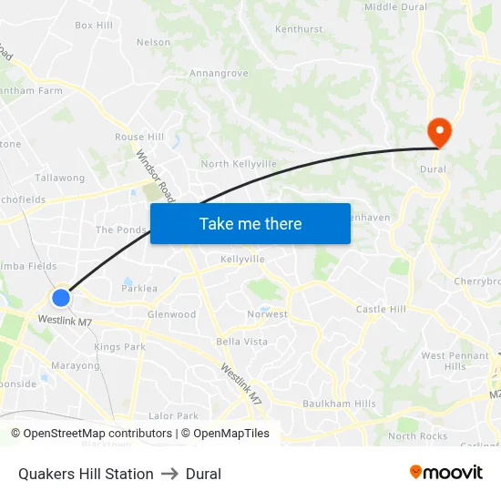 Quakers Hill Station to Dural map