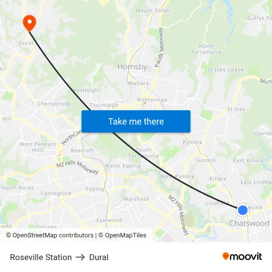 Roseville Station to Dural map