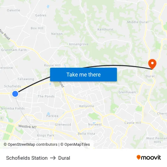 Schofields Station to Dural map