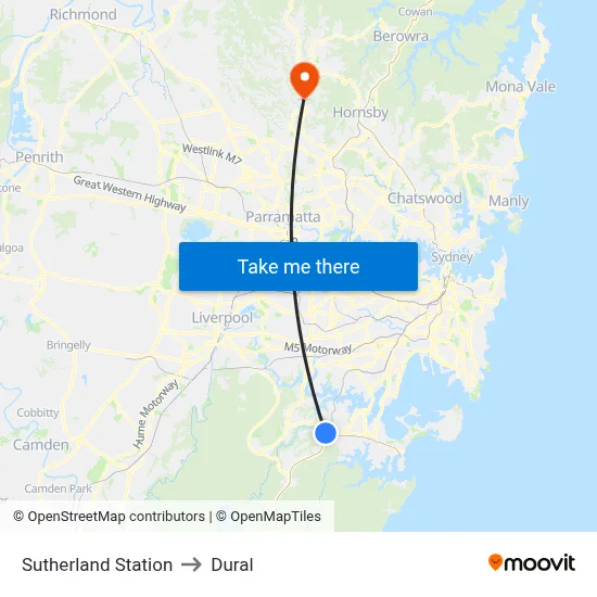 Sutherland Station to Dural map