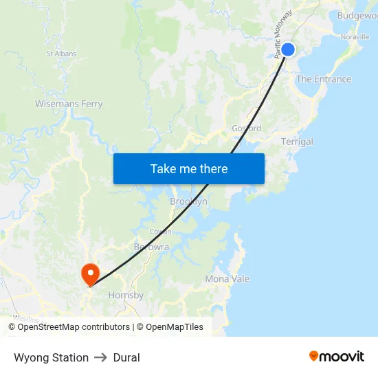 Wyong Station to Dural map