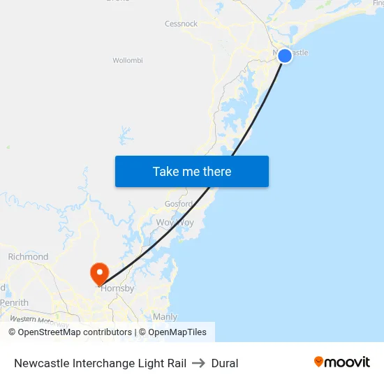 Newcastle Interchange Light Rail to Dural map