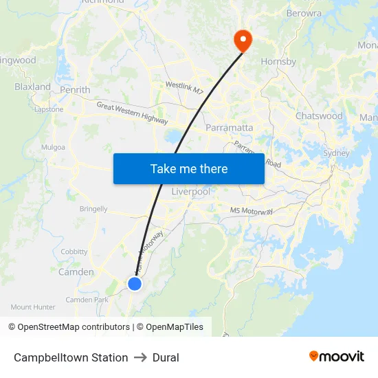 Campbelltown Station to Dural map