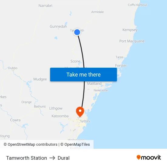 Tamworth Station to Dural map
