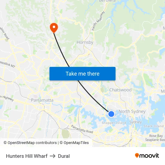 Hunters Hill Wharf to Dural map