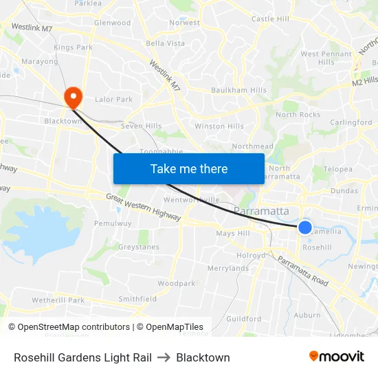 Rosehill Gardens Light Rail to Blacktown map